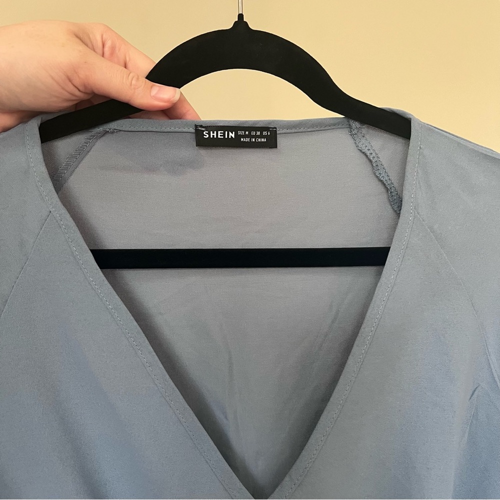 V-Neck Tie-Waist Women's Top in Dusty Blue - Picture 5 of 7